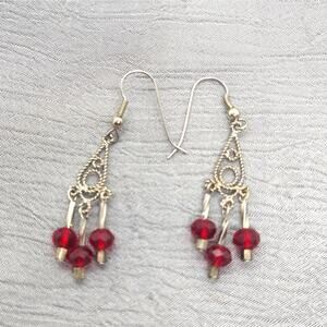Chandelier Earrings Red Crystals Silver Twisted Bugle Beads Silver Tone